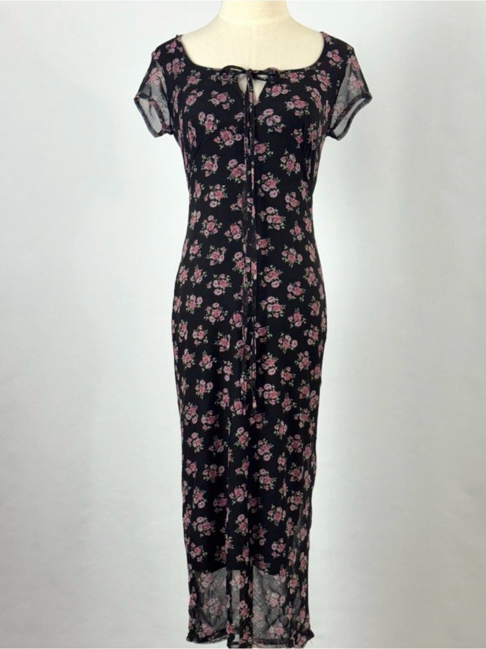 Y2K Black Rose Floral Mesh Babydoll Dress Stretch Keyhole Neckline Goth Grunge